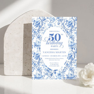 Chic French Toile de Jouy Blue Roses 50th Birthday Einladung
