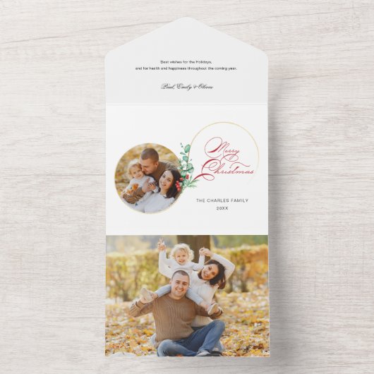 Chic Frohe Weihnachten Gold Swirl Blumenstrauß Fot All In One Einladung (Innen Boden)