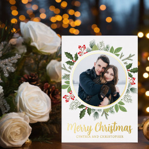 Chic Frohe Weihnachts-Wreath-Foto Gold Folien Feiertagskarte