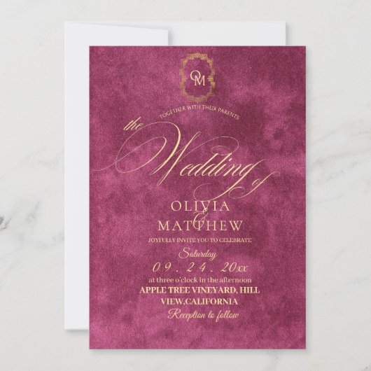 Chic Fuchsia / Gold Handwriting Script Wedding Einladung (Vorderseite)