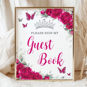 Chic Fuchsia Pink Floral Quinceañera Gästebuch
