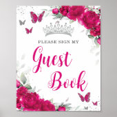 Chic Fuchsia Pink Floral Quinceañera Gästebuch (Vorne)