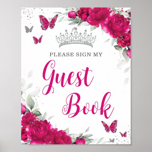 Chic Fuchsia Pink Floral Quinceañera Gästebuch (Vorne)