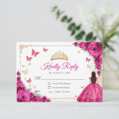 Chic Fuchsia Pink Roses Gold Quinceanera Reply RSVP Karte (Stehend Vorderseite)