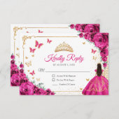Chic Fuchsia Pink Roses Gold Quinceanera Reply RSVP Karte (Vorne/Hinten)