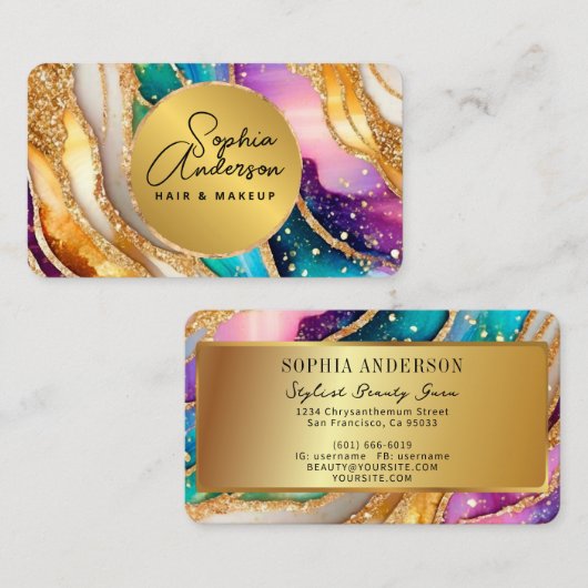 Chic Funkelnd Glitzer Golden Rainbow Agate Glamour Visitenkarte (Vorne/Hinten)