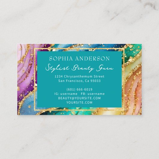Chic Funkelnd Glitzer Golden Rainbow Agate Glamour Visitenkarte (Rückseite)