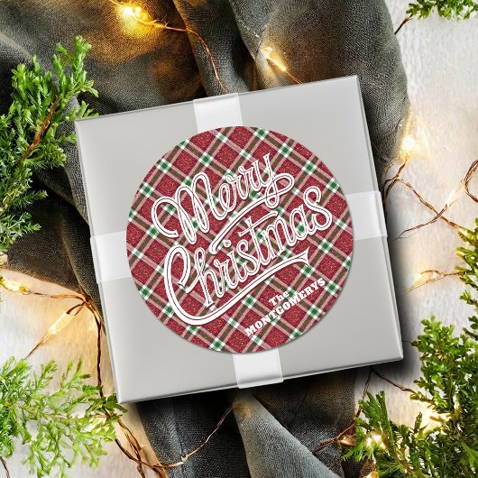 Chic funkelnde karierte Weihnachten Runder Aufkleber