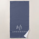 Chic Future Mr Blue Indigo Monogram Strandtuch<br><div class="desc">Chic blaues Indigo mit Monogramm Strandtuch mit dem Text Mr. in weißer eleganter Schrift Kalligrafie. Sie können dieses luxuriöse Badetuch mit Ihrem verheirateten Namen anpassen. Perfekte Geschenkidee für das frisch verheiratete Paar mit dem passenden Strandtuch oder für das Brautparty. Exklusiv für Sie entworfen von Happy Dolphin Studio. Wenn Sie Hilfe...</div>