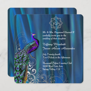 Chic Ganesha 2 Blue Satin and Peacock Wedding Einladung