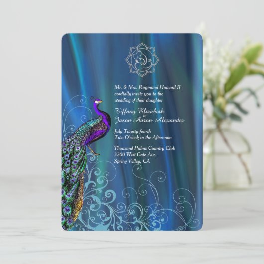 Chic Ganesha Blue Satin and Peacock Wedding Invit Einladung (Stehend Vorderseite)