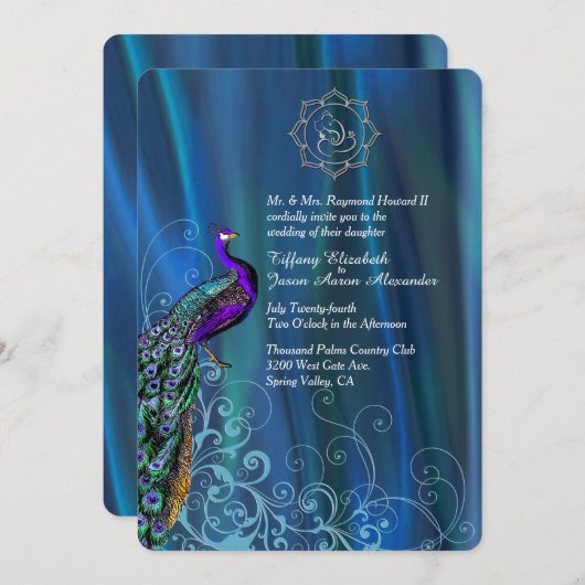 Chic Ganesha Blue Satin and Peacock Wedding Invit Einladung (Vorne/Hinten)