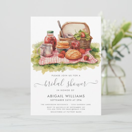 Chic Garden Party Picnic Strawberry Brautparty Einladung (Stehend Vorderseite)