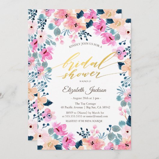 Chic Garden Pink Blume Brautparty Einladung (Vorne/Hinten)