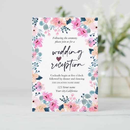 Chic Garden Pink Blume Empfang Einladung (Stehend Vorderseite)