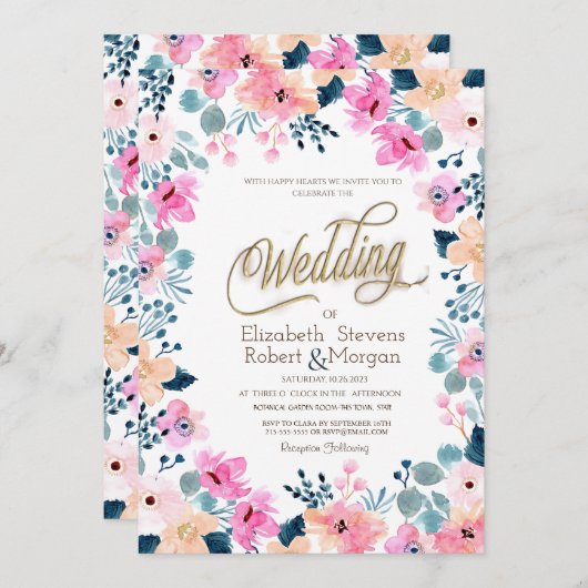 Chic Garden Pink Blume Hochzeit Einladung (Vorne/Hinten)