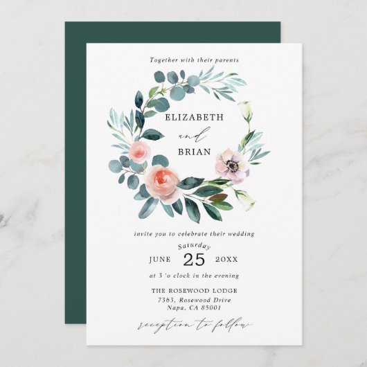 Chic Garden Rose Blumenreath Einladung (Vorne/Hinten)