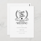 Chic Garland Black und White Script Save the Date Postkarte (Vorne/Hinten)