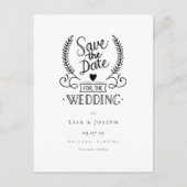 Chic Garland Black und White Script Save the Date Postkarte (Vorderseite)