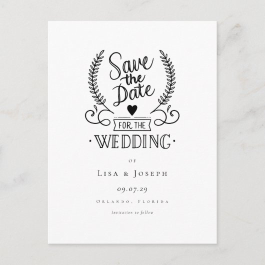 Chic Garland Black und White Script Save the Date Postkarte (Vorderseite)