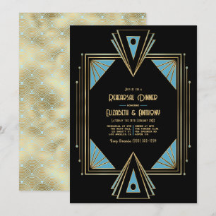 Chic Gatsby Art Deco Blau & Gold Probeessen Einlad Einladung