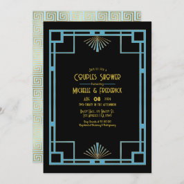 Chic Gatsby Art Deco Blue & Gold Couples Shower Einladung