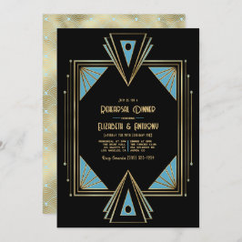 Chic Gatsby Art Deco Blue & Gold Rehearsal Dinner Einladung