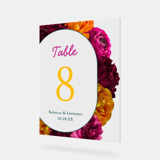 Chic gelb rosa grüne Blumenhochzeit Tischnummer Acrylschild (Winkel)