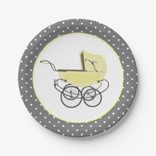 Chic-gelbe Baby-Buggy-Baby-Duschen-Papierplatte Pappteller (Vorderseite)