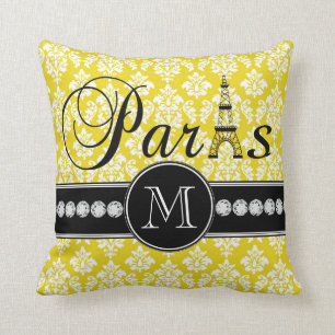 Chic-gelber Damast Paris mit Monogramm Kissen