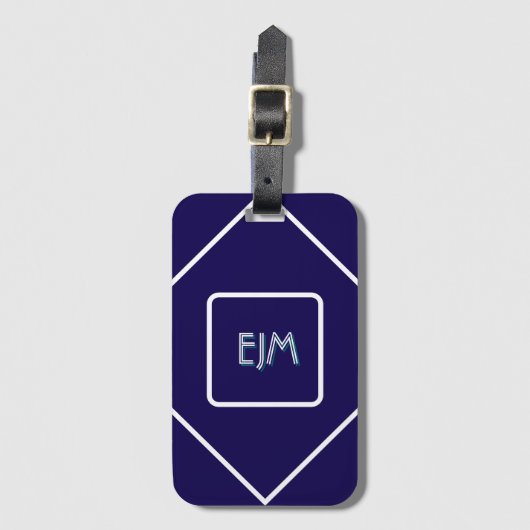 Chic Geometric Blau und Weiß Mit Monogramm Gepäckanhänger (Vorderseite Vertikal)