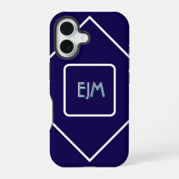 Chic Geometric Blau und Weiß Mit Monogramm iPhone 16 Hülle