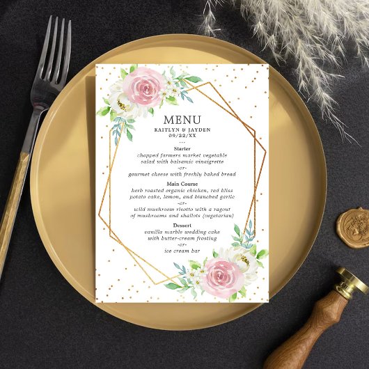 Chic Geometric Gold Foil Floral Wedding Menükarte