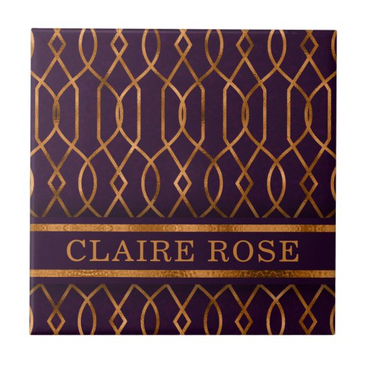 Chic Geometric Lila Gold Lattice Muster Fliese (Vorderseite)