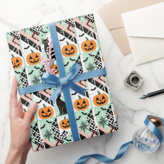 Chic Geometric Pastel Black Cat Pumpkin Halloween Geschenkpapier (Schenken)