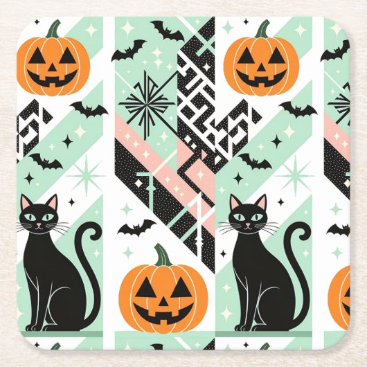 Chic Geometric Pastel Black Cat Pumpkin Halloween Rechteckiger Pappuntersetzer (Vorderseite)