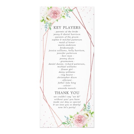 Chic Geometric Rose Gold Floral Wedding Program Werbekarte (Hinten)