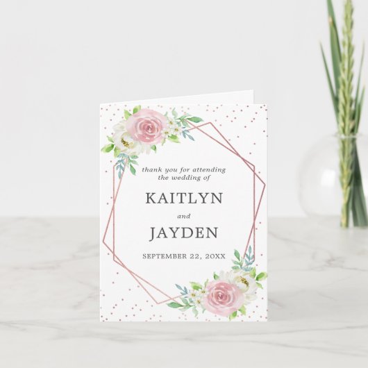 Chic Geometric Rose Gold Foil Floral Wedding Dankeskarte (Vorderseite)