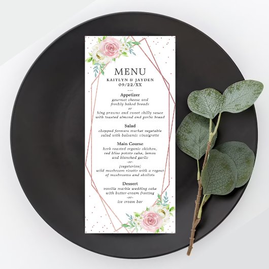 Chic Geometric Rose Gold Foil Floral Wedding Menü