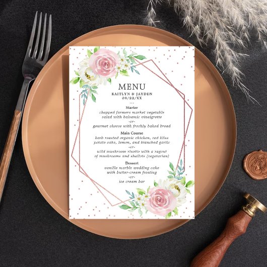Chic Geometric Rose Gold Foil Floral Wedding Menükarte