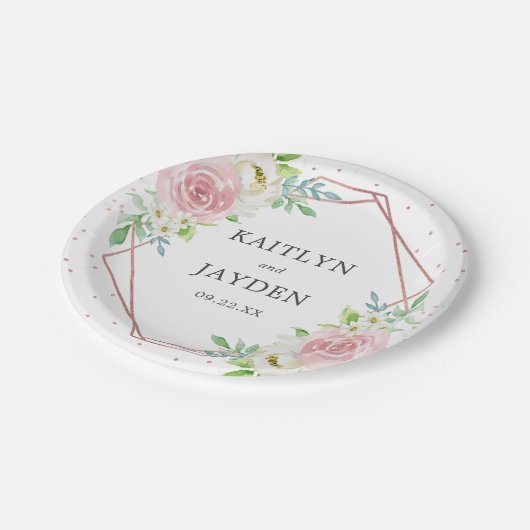 Chic Geometric Rose Gold Foil Floral Wedding Pappteller (Schrägansicht)