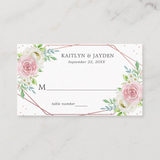 Chic Geometric Rose Gold Foil Floral Wedding Platzkarte (Vorderseite)