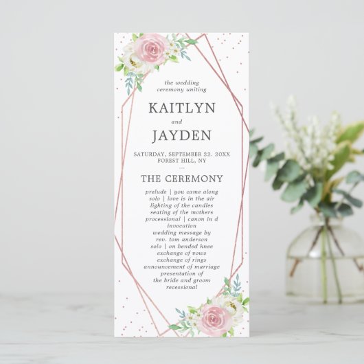 Chic Geometric Rose Gold Foil Floral Wedding Programm (Stehend Vorderseite)