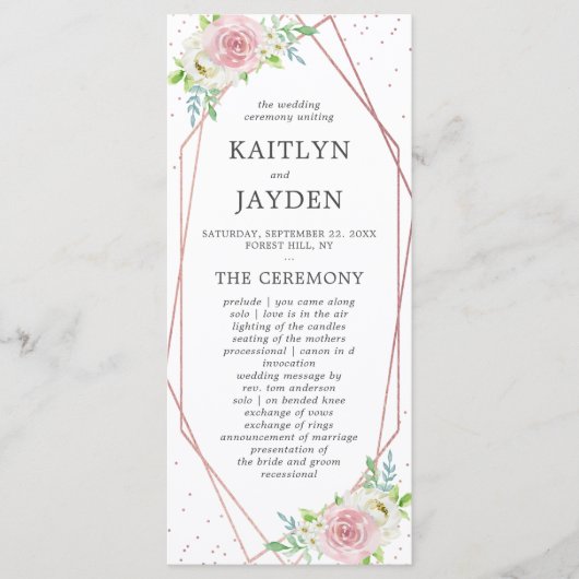 Chic Geometric Rose Gold Foil Floral Wedding Programm (Vorderseite)