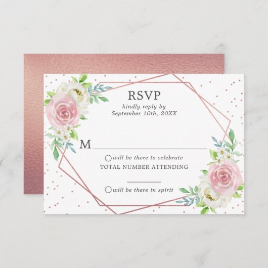 Chic Geometric Rose Gold Foil Floral Wedding RSVP Einladung (Vorne/Hinten)
