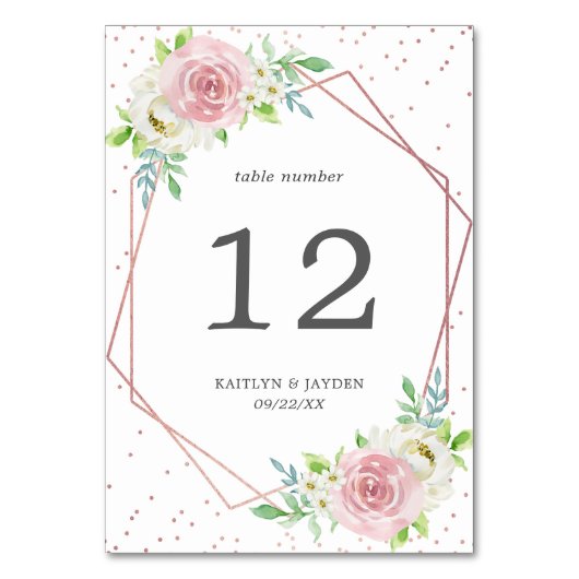 Chic Geometric Rose Gold Foil Floral Wedding Tischnummer (Vorderseite)
