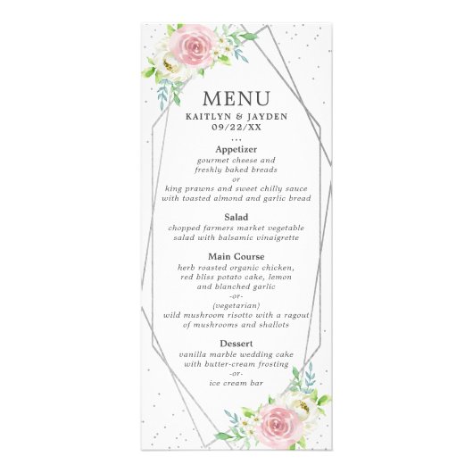 Chic Geometric Silver Foil Floral Wedding Menu Werbekarte (Vorne)