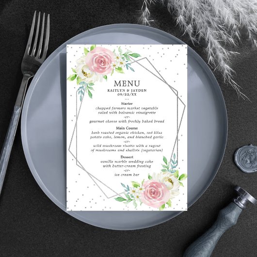 Chic Geometric Silver Foil Floral Wedding Menükarte