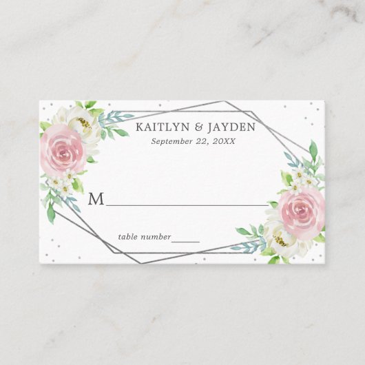 Chic Geometric Silver Foil Floral Wedding Platzkarte (Vorderseite)