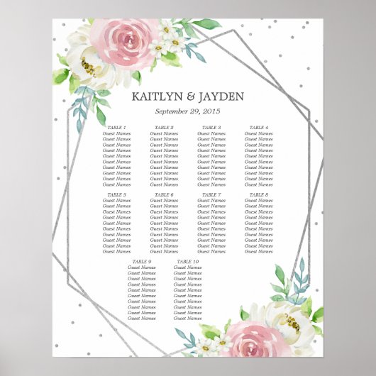 Chic Geometric Silver Foil Floral Wedding Poster (Vorne)
